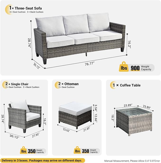 ovios 6 Pieces Patio Furniture Set, Outdoor Wicker Sofa Couch with Glass Table Comfy Cushions, All Weather Grey Rattan Conversation Set for Backyard Deck Porch, Grey