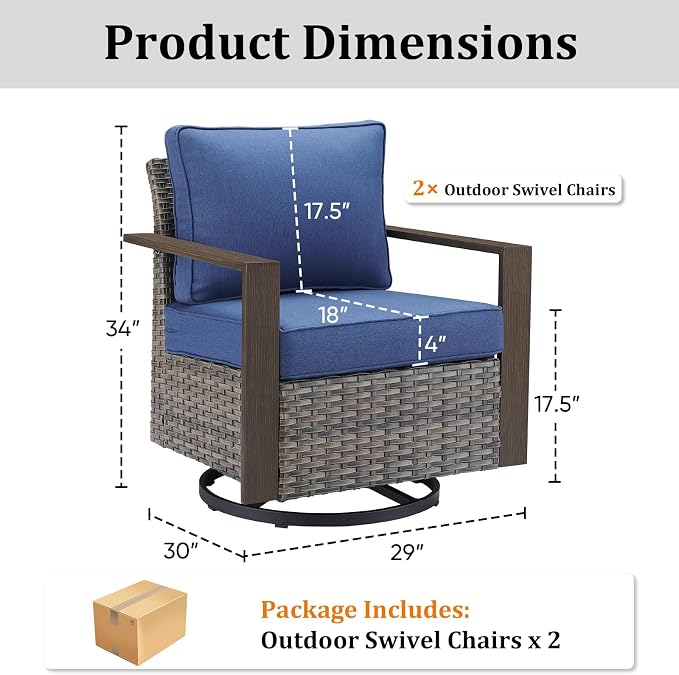 2PCS Outdoor Swivel Patio Chairs Set, All-Weather Wicker Swivel Rocker Chairs with High Back and Deep Seat, Patio Seating for Porch, Deck, Backyard and Poolside Grey/Blue