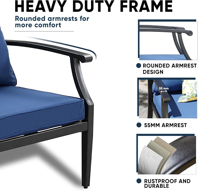 4 Piece Outdoor Patio Furniture Set, Oversized Metal Conversation Set with High Back & Deep Seating, Water-Repellent Cushions, Coffee Table for Porch, Deck, Backyard, Navy