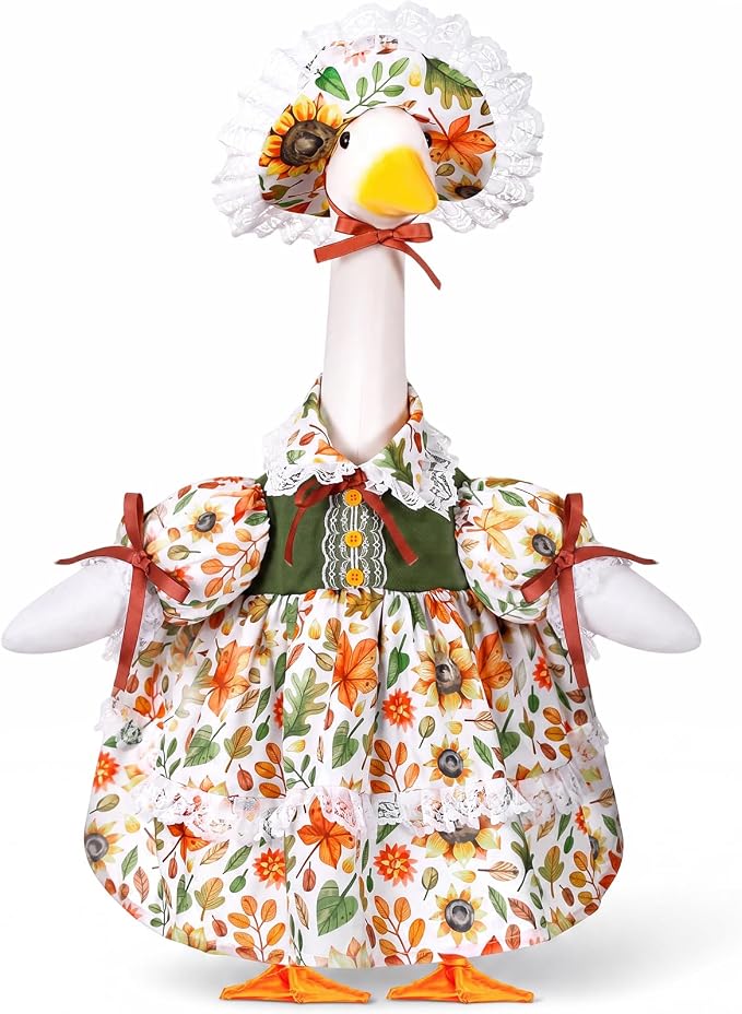 FuWeave Fall Porch Goose Outfit Maple Goose Costume Fancy Porch Geese Clothes with Wide Hat for 23" 17" Outdoor Patio