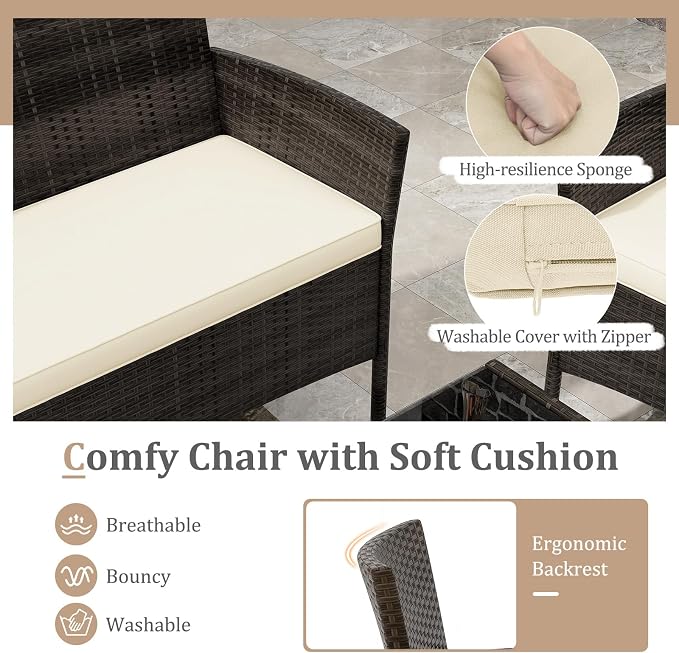 4 Piece Patio Furniture Set, Sectional Conversation Sofa Set with Glass Coffee Table, Cushions & Loveseat, Wicker Outdoor Table and Chairs for Pool, Garden, Deck, Backyard (1, Beige)