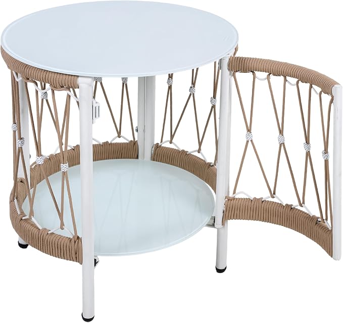 IRONORA 2-Tier PE Wicker Round Patio Side Table, Outdoor Rattan End Table with White Metal Frame & Tempered Glass Storage Shelf, Weather Resistant Accent Table for Balcony Backyard Porch