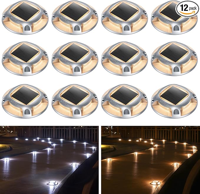 AGPTEK Solar Driveway Lights Outdoor 12 Pack, 2 Color Modes LED Deck Dock | Marine Waterproof Driveway Marker Lights for Step Sidewalk Stair Garden Pathway Walkway Yard (Warm White/Cool White)