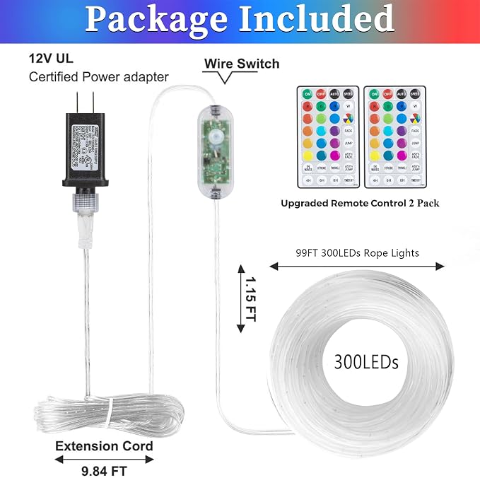 ANJAYLIA 99FT 300 LED Color Changing Rope Lights with Plug and Remote | Led Outdoor Waterproof Rope Light with Color Option, 7 Modes, Timer, Memory, Remote for Bedroom, Deck, and Holiday Decor