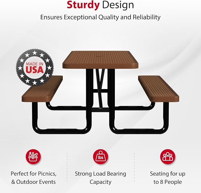 Leisure Craft Metal Picnic Table with Bench - 8 ft Rectangle Outdoor Dining Table for 8, Umbrella Hole, Weatherproof Heavy Duty Thermoplastic Coating, Commercial Grade Furniture Made in USA - Brown