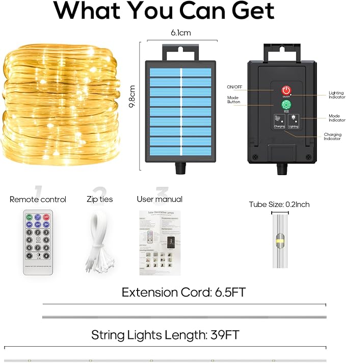 ICRGB Solar Rope Lights Outdoor, 39FT 100 LED (Warm White, 39FT) | With Remote, Waterproof, 8 Modes, for Outdoor Patio Porch Tree Wedding Christmas Pool Garden Decorative