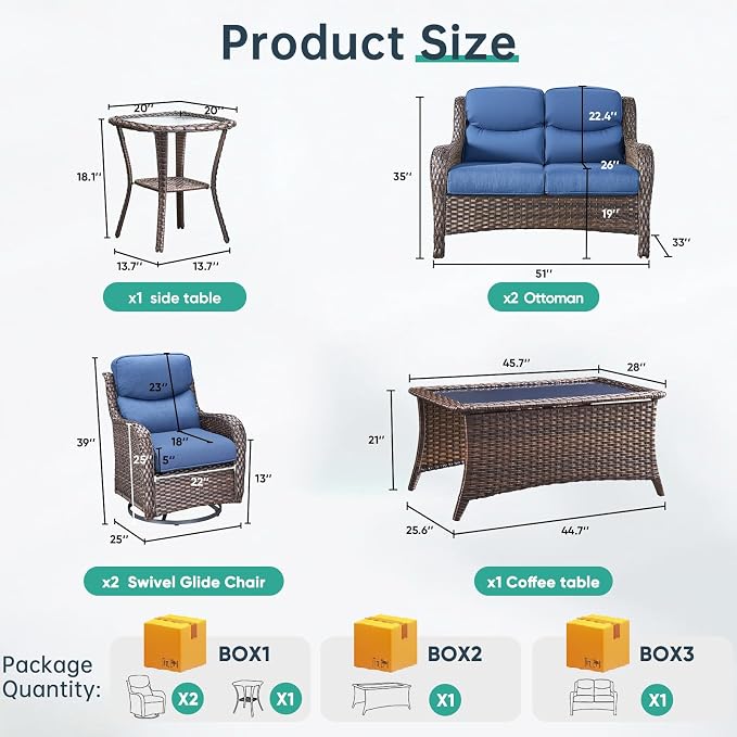 Outdoor Swivel Rocker Patio Chairs Set of 5 with Loveseat - 5" Thick Cushion 5 Piece Furniture Set with Sofa All Weather Wicker Conversation Set for Porch Deck - Brown Wicker | Blue Cushions