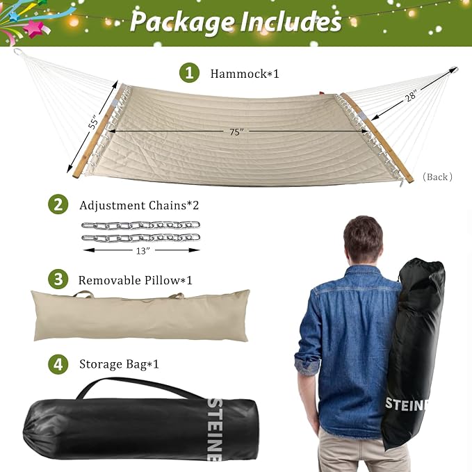 2 Person Hammock with Hanging Kits, Quilted Hammock for Tree with 2 Pcs Heavy Duty Stainless Steel Hooks, 1 Detachable Pillow, Curved Spreader Bar, Chains, Carrying Bag, 450 LBS Capacity