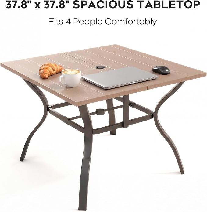 Patio Outdoor Dining Table, Wood-Grain Patio Square Table with Umbrella Hole, All-Weather Metal Dining Table for Party, Lawn & Garden (37.8“ x 37.8”)