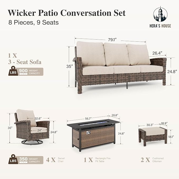 HERA'S HOUSE 8-Piece Patio Furniture Set with Outdoor Swivel Chairs & Fire Pit Table, High Back Wicker Conversation Sets with 5.5" Thick Cushions, All-Weather Deep Seating Sofa with Ottomans, Beige