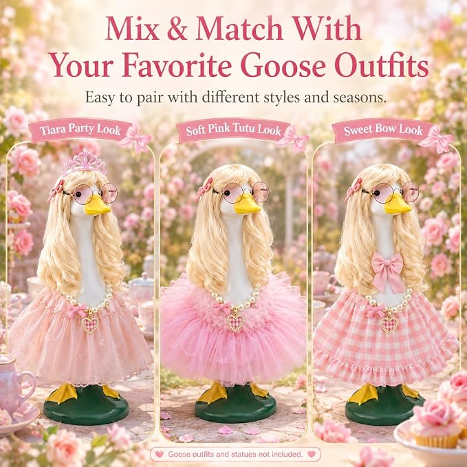 Porch Goose Summer Outfits Wigs Blonde 1 Pack Summer Outfits for Porch Goose with Blonde Long Wigs Princess Style Outdoor Decor for Lawn Goose Statues