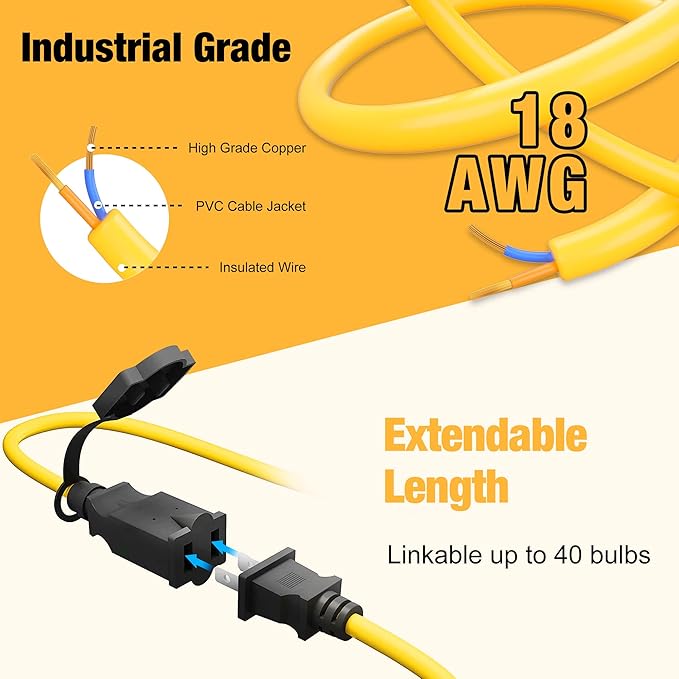 50FT LED Construction String Light, 50W 6000Lm,18AWG Wire,5000K Linkable String Work Lights with 5 Bulbs & Hooks, Industrial Temporary Lighting for Construction Site, Crawl Space,Job Site,Attic