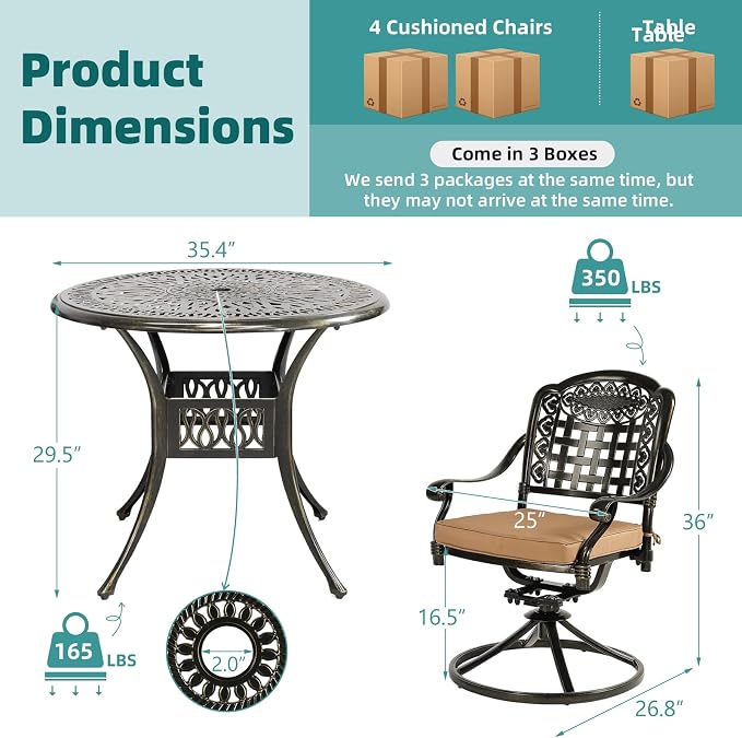 MEETWARM 5-Piece Outdoor Patio Dining Set, All-Weather Cast Aluminum Patio Conversation Set with 4 Cushions Swivel Rocker Chairs for Backyard Garden Deck and 35.4" Round Table, 2.2" Umbrella Hole