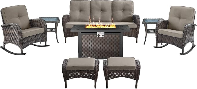 Belord Patio Furniture Set with Fire Pit Table - 8 Piece Outdoor Wicker Furniture Set with 43" 50000 BTU Propane Fire Pit and Rocking Chairs Patio Conversation Set for Deck Outside Backyard Grey