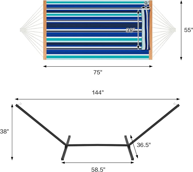 Homgava Two Person Hammock with Stand for Outside Heavy Duty, Outdoor Patio Hammock with Portable Steel Stand, Large Double Hammocks,480lbs Capacity.(Blue Stripes)