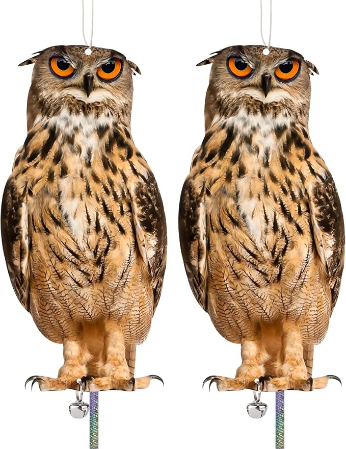 2PCS Flat Fake Owl Plastic Owl to Scare Pigeon for Balcony Hanging Garden Owls with Reflective Tape to Keep Squirrel Woodpecker Away from House Window Outdoor Patio Yard Backyard Front Porch Decor