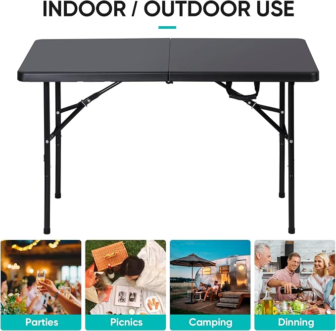 4ft Folding Table, Portable Plastic Picnic Table with Handle Card Table for Picnic Party Camping Dining Indoor Outdoor Lightweight, Black