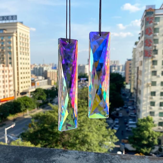 2PCS Net Crystal Suncatcher Prisms for Windows (Net Rectangle) | AB Color, Transparent, K9 Glass, Rainbow Maker, with Hooks & Cord