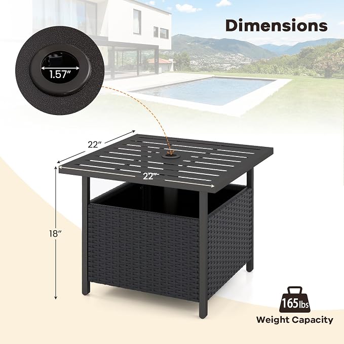 HAPPYGRILL Wicker Patio Umbrella Table with 1.57” Umbrella Hole, Outdoor Rattan Side Table with Heavy Duty Metal Frame, 22” Square PE Rattan End Table for Deck Backyard Poolside (Black)
