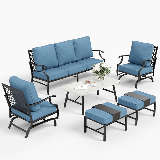 SUNSHINE VALLEY 6 Piece Metal Outdoor Patio Furniture Set, Patio Conversation Set 1 3-seater Sofa, 2 Rocking Chair, 2 Ottomans with 5.75" Thick Cushion and Coffee Table, Black Backyard Furniture, Navy
