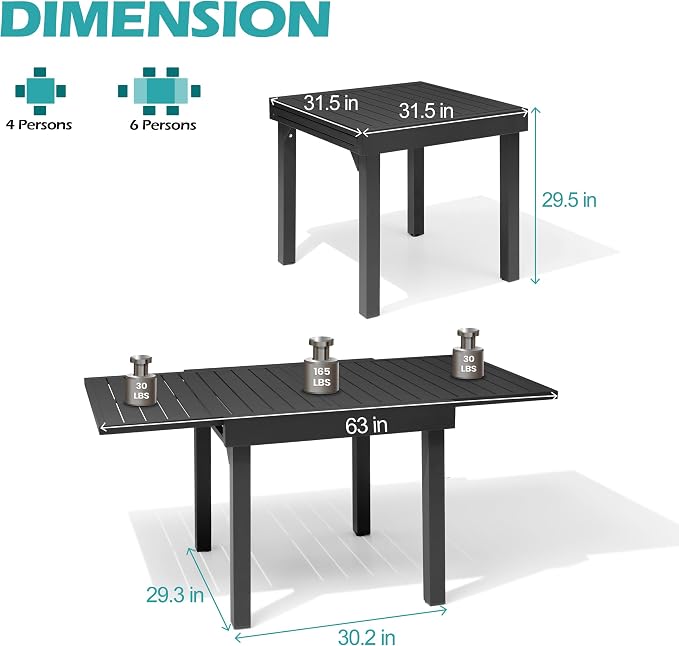 Pellebant Extendable Aluminum Patio Dining Table for 4-6, 31"-63" – Weather-Resistant Outdoor Table with Sturdy Frame for Deck, Backyard & Poolside