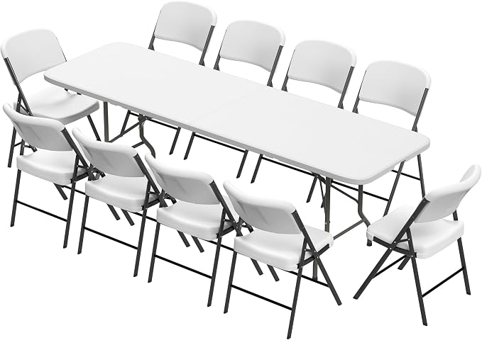 Elevon Folding Table Set with 10 White Folding Chairs,8 Feet Heavy Duty Fold-in-Half Utility Table Sets for Picnic, Event, Training, Outdoor Activities, at Home and Commercial Use