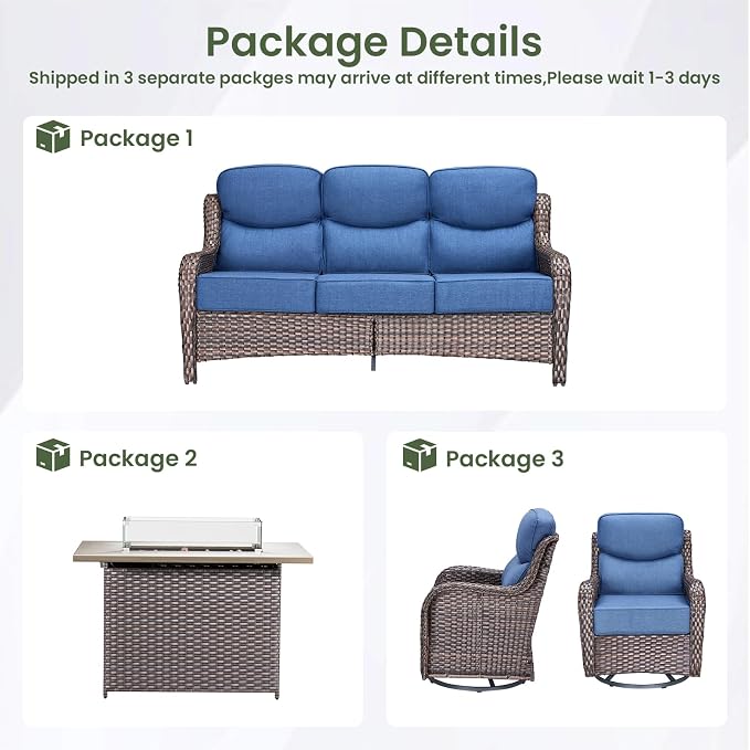 Luxury Patio Furniture Set with 6-inch Thick Cushion, Outdoor Furniture with Fire Pit Table, Swivel Chairs, Sofa, 4pcs Wicker Conversation Set for Deck Yard and Poolside(Brown Wicker/Blue Cushion)