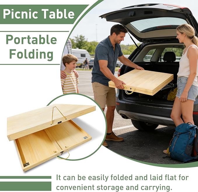 Folding Picnic Table with Table Runner, 60" x 30" Large Wooden Japanese Floor Table, Portable Boho Low Picnic Table, Adjustable Heights Legs, for Indoor Outdoor Camping, for 6-8 People