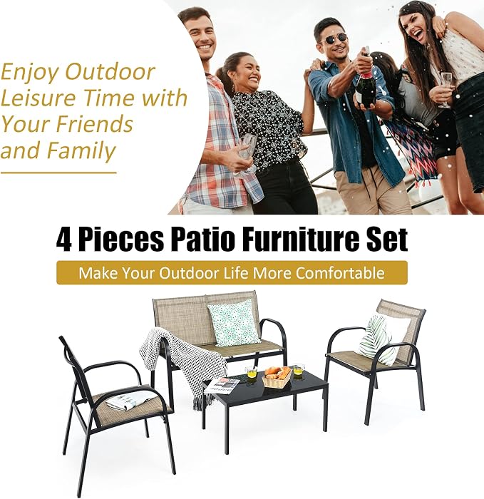 Tangkula 4 Pieces Patio Furniture Set, Metal Frame Heavy Duty Outdoor Conversation Set, Includes Glass Top Coffee Table, 2 Armrest Chairs and Loveseat, Suitable for Lawn Garden Porch Balcony (Brown)
