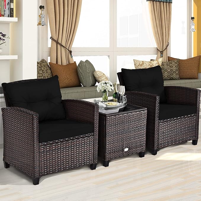 3-Piece Wicker Patio Furniture Set, Outdoor Sofa Set with Water-Resistant Cushion & Tempered Glass Table, Black