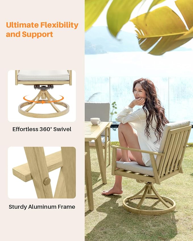 Patio Dining Set of 2, Never-Rust Aluminum Outdoor Swivel Patio Dining Chairs Patio Swivel Chairs with Cushions, Patio Dining Furniture Chairs for Decks, Garden, Poolside, Maple Wood