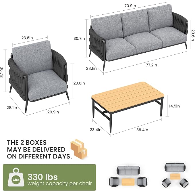 Jocoevol Patio Furniture Set, 5-Seat Outdoor Sofa Furniture Deep Seating with Coffee Table, Metal Patio Conversation Sets with Waterproof & Extra-Thick Cushions for Garden, Poolside, Backyard