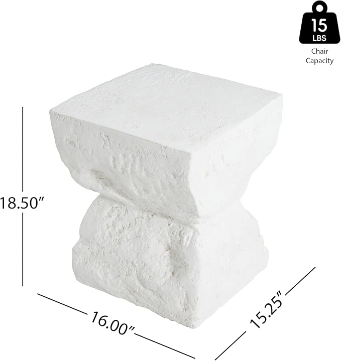 Christopher Knight Home Nataly 18.5" H Small Outdoor Side Table, Hourglass-Like Shape Carved Garden Stool, Lightweight Concrete End Table, Patio Decorative Home Stool for Balcony Backyard, White