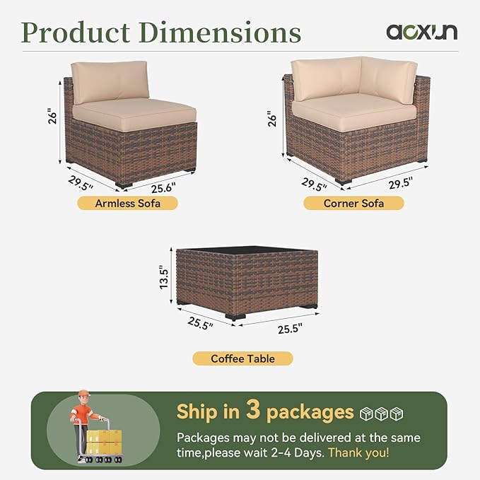 Aoxun 10 Piece Patio Furniture Set Wicker Rattan Patio Conversation Set Outdoor Sectional Sofa Set with Coffee Table and 4” Thickened Cushions, Beige