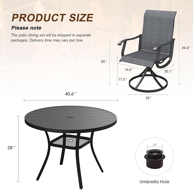 VICLLAX Patio 5 Pieces Outdoor Dining Set, 40.6" Round Metal Table with Umbrella Hole and 4 Swivel Textilene Chairs for Lawn, Garden, Porch, Black/Dark Grey