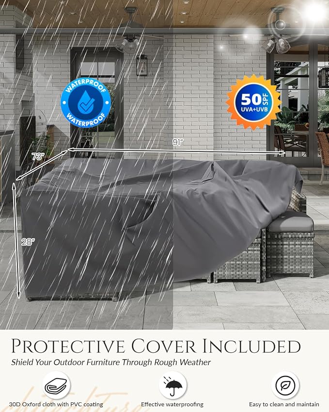 U-MAX 7 Pieces Patio Furniture Set with Waterproof Cover, Outdoor Sectional Sofa Conversation Set, All Weather Wicker Rattan Dining Table & Chair with Ottoman, Grey Rattan&Grey Cushion