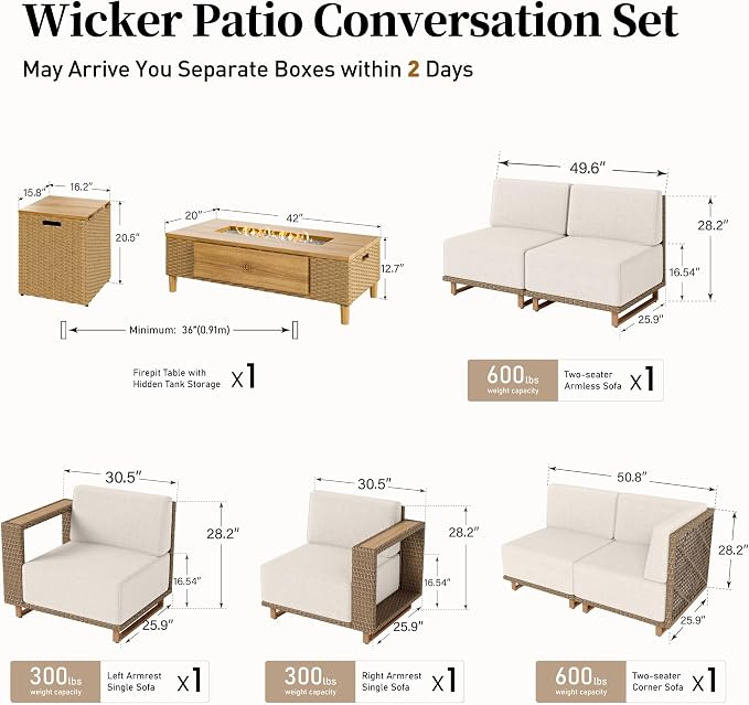 SUNSHINE VALLEY Patio Furniture Set with Fire Pit, Sectional Outdoor Conversation Sets with 10" Thick Cushions, 7 Pieces L Shaped Modular Yellow Rattan Wicker Sofa, Low Profile Lawn Garden Couch Set