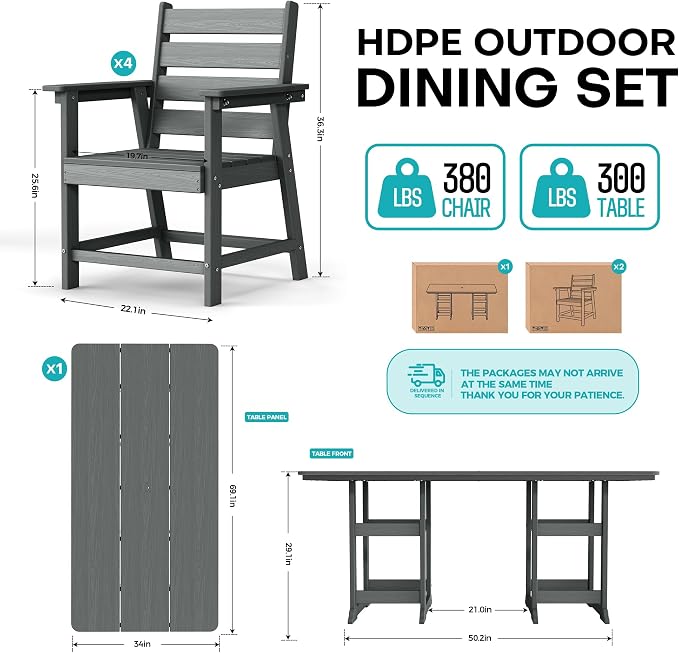 5-Piece Dining Set, HDPE Table & 4 Chairs, Grey | HDPE Dining Set: 69.1" Table + 4 Chairs, 380 lbs, 304 Stainless, All-Weather, No Rust No Crack, Outdoor Patio Garden