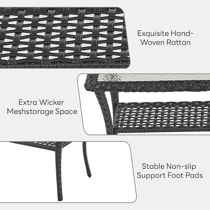 Belord Outdoor Coffee Table for Patio - 40 Inch Rattan Patio Coffee Table with 2-Layer Storage, Rectangular Tempered Glass Outdoor Wicker Table for Porch Balcony Deck Brown