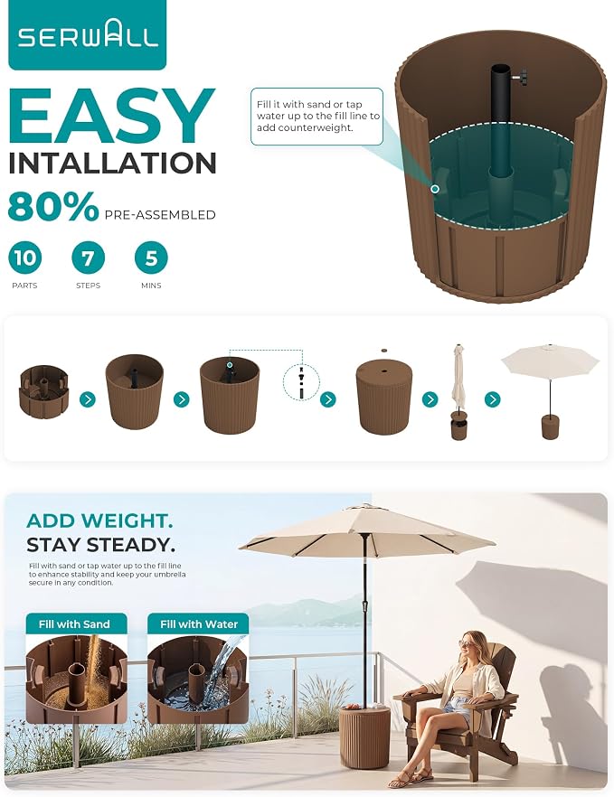 SERWALL Round Outdoor Umbrella Side Table, 3-in-1 Outdoor Patio Table with Umbrella Hole for Porch/Patio/Poolside, Brown