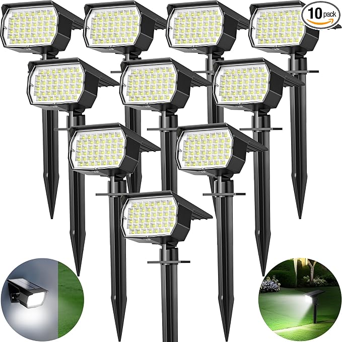 Tadyreal Solar Spot Lights Outdoor 10 Pack, [46 LED/3 Modes] Solar Landscape Spotlights Waterproof, 2-in-1 Auto On/Off Solar Powered Lights for Outside Yard Garden Wall Pathway(Cool White)