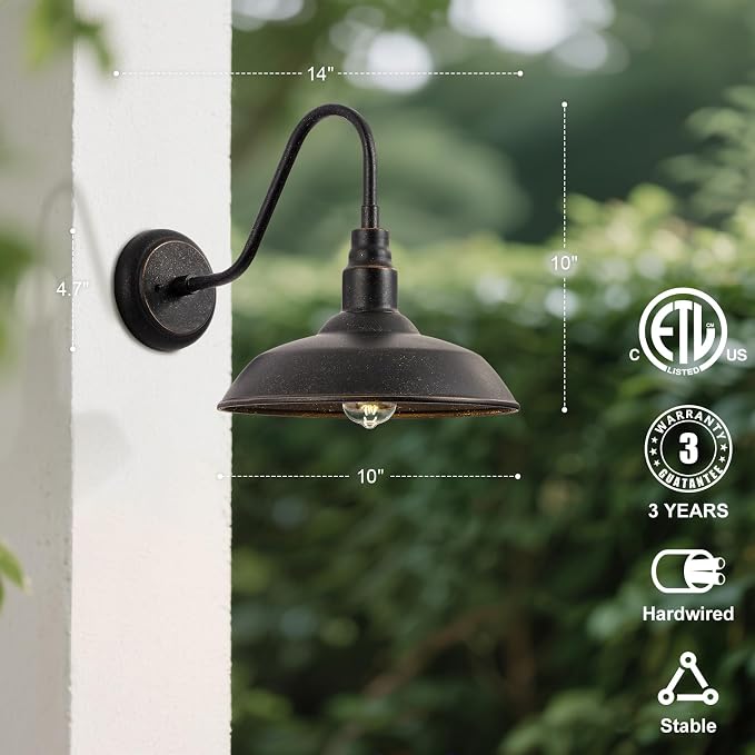 Gooseneck Outdoor Light Fixture, 10" Dome Exterior Farmhouse Lights for Barn, Bronze Porch Lighting, Gooseneck Wall Sconce for Patio Garage House