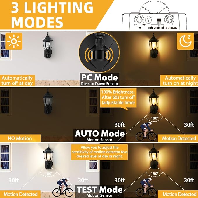 2 Pack Porch Lights Outdoor with Outlet, Motion Sensor outdoor wall lights, Updated Dusk to Dawn Exterior Lighting Fixtures Waterproof Anti-Rust Aluminum Outside for House Entryway Garage, Black