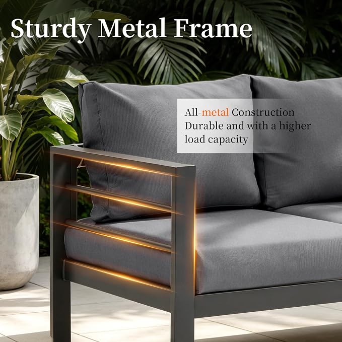 4-Piece Patio Furniture Set – All-Metal Outdoor Sectional Couch with Horizontal Slat Armrests, 4" Cushions & Coffee Table, Modern Patio Conversation Set for Porch, Balcony, or Deck (Grey)