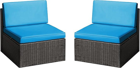 Greesum 2 Piece Patio Conversation Set Wicker Rattan Furniture Outdoor Sofa with Cushions,Pillows for Porch,Lawn and Yard, Blue