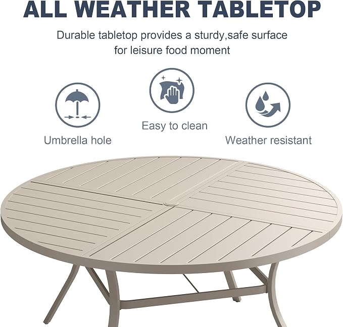 VICLLAX 7 Pieces Patio Outdoor Dining Set, 6 Swivel Textilene Chairs and 50" Round Metal Table with Umbrella Hole for Porch, Deck, Garden, Sandshell
