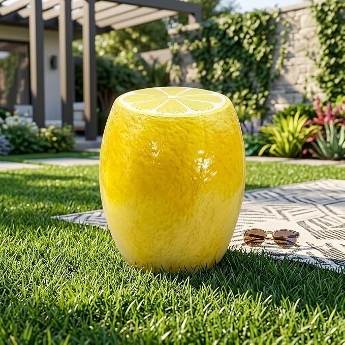 14" Yellow Lemon Resin Stool, Novelty Fruit Side Table & Plant Stand, Whimsical Indoor Outdoor Garden Patio Decor, No Assembly Required(Yellow Lemon)