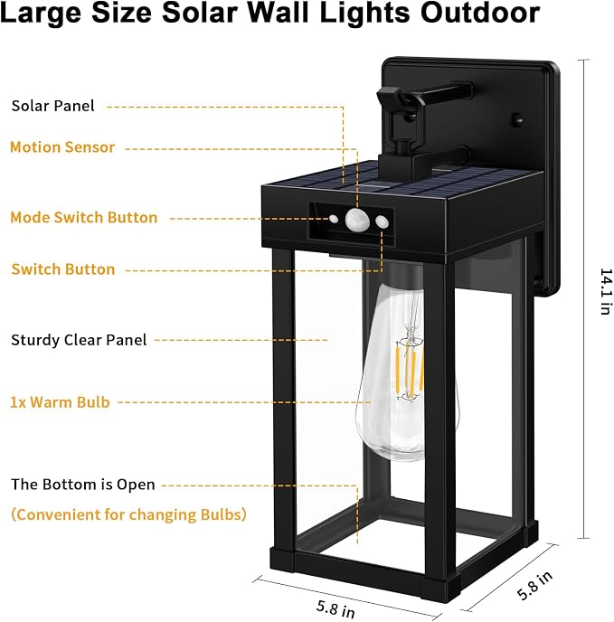 Auzev Outdoor Solar Wall Lights Fixtures Exterior Solar Wall Lantern | Wall Mount Motion Sensor 3 Lighting Modes Modern Sconce Waterproof Outside Lamp for House Garage (Black-1P)