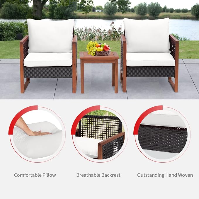 Patio Furniture 3-Piece Acacia Wood Patio Bistro Set Outdoor Chat Conversation Table Chair Set with Water Resistant Cushions and Coffee Table for Beach Backyard Garden,Khaki Cushion