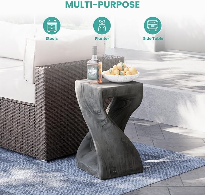 SUNBURY Outdoor Side Table, Big Twist Shape Accent Table, 20" H Patio Faux Concrete End Table, Faux Wooden Garden Stool Log for Patio Garden Balcony Porch, Grey